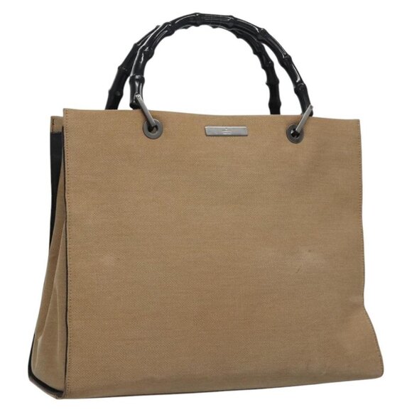 GUCCI Bamboo Hand Bag Canvas Beige Black 002 1010 Auth ep7583 - Picture 1 of 16